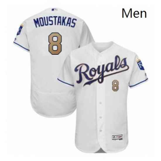 Mens Majestic Kansas City Royals 8 Mike Moustakas White Home Flex Base Authentic MLB Jersey